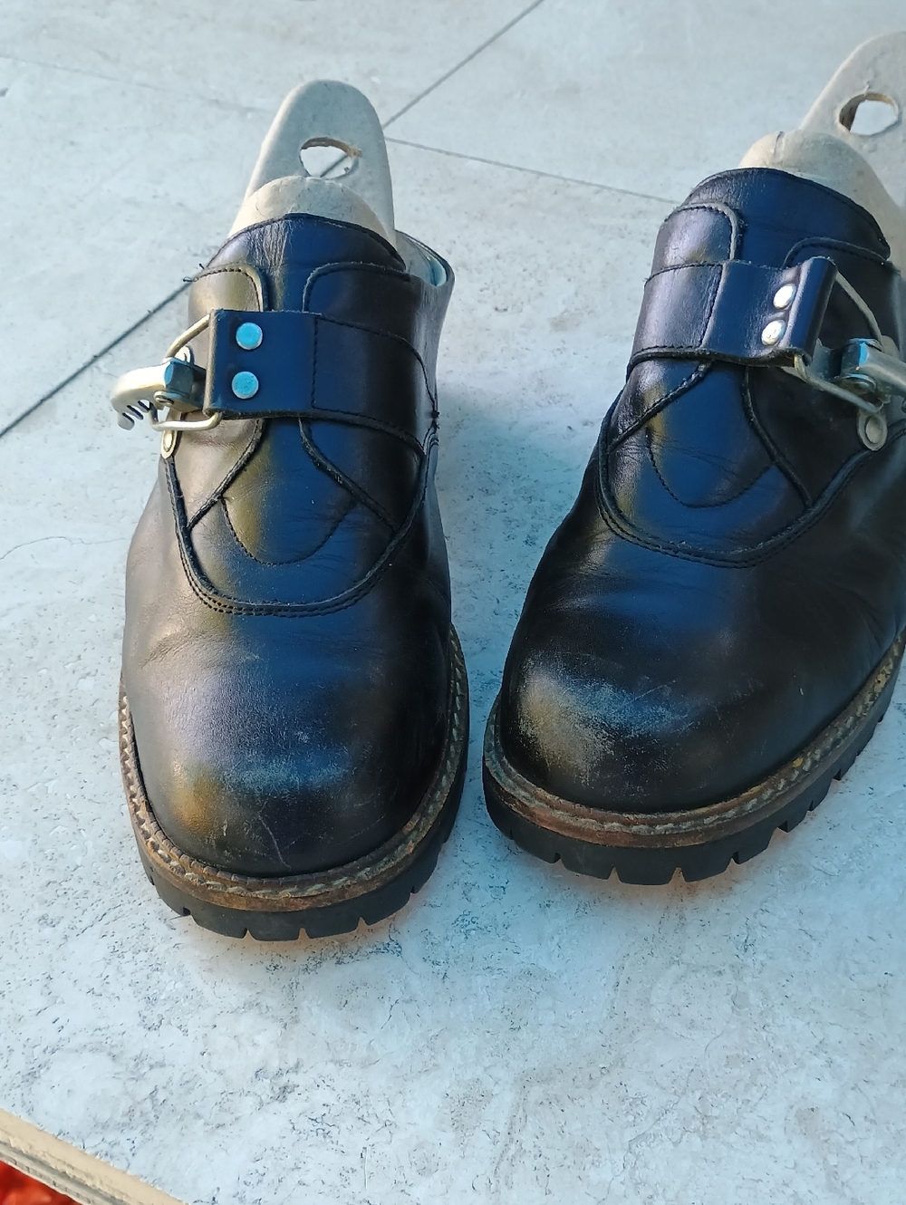 Women's Black Leather Clogs with Retro Ski Boot Buckle, Geier Wally from Austria